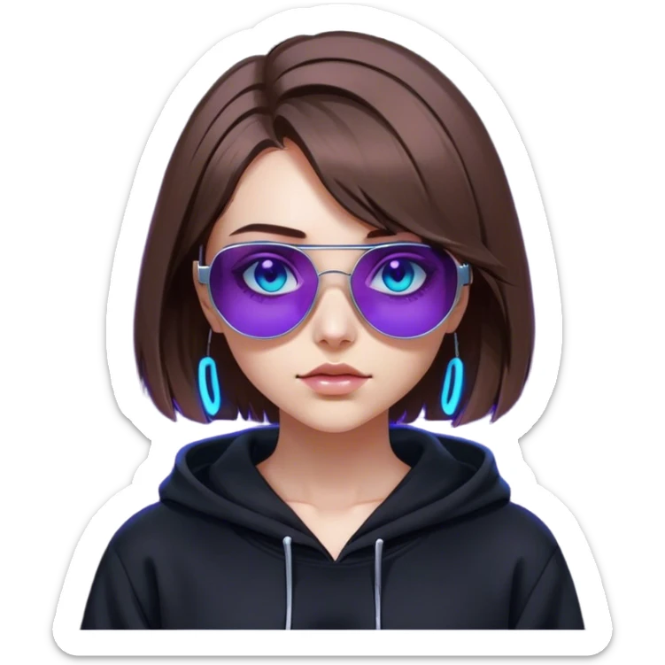 
girl with brown bob and blue eyes in a black hoodie and sunglasses. Cyberpunk style. Violet neon. sticker