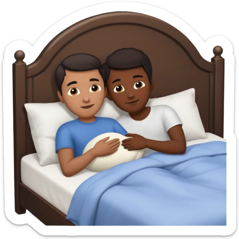 Black adult male and white male adult dark hair, naked, spooning in bed sticker
