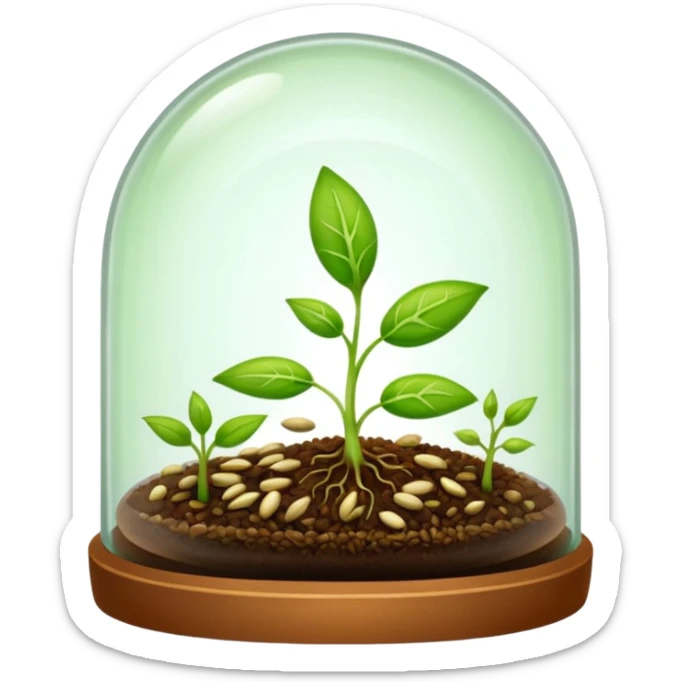 a pile of seeds at the right side and a germinating seed under a glass dome at the right side . Transparent background sticker
