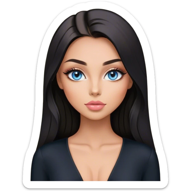 Glamours, tanned, beautiful, girl, with blue eyes, big pump peach-beige-rose lips, eyeliner, long lashes, black straight smooth silky long hair, parting hair in the middle,  in black v-neck bodysuit long sleeves sticker