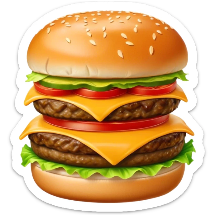 Cinematic juicy cheeseburger, perfectly grilled patty, melted cheese, crisp lettuce, tomatoes, and pickles, soft sesame seed bun, glossy and rich, warm glowing background, ultra-detailed and appetizing. sticker
