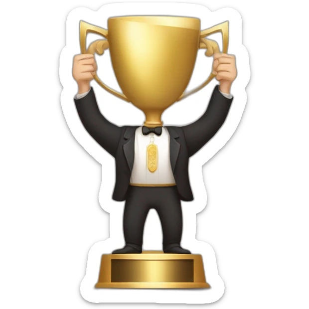 the white European man Celebrating,the white European man brown hair Celebrating, Raising a gold trophy in your hands, full body, Elegant dress Raising a gold trophy in your hands sticker