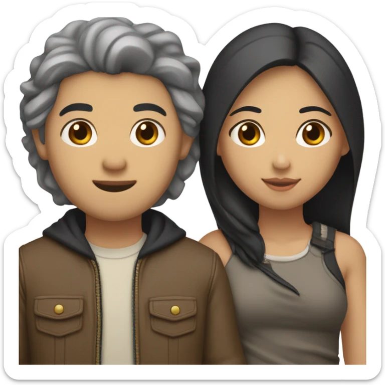 a couple holding hands. the guy has black middle part hair and is Persian and Filipino mix, wearing a jacket. the girl has brown hair white and asian mix, wearing a crop top. sticker