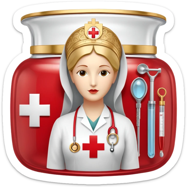An icon featuring The Hygeia Vessel, a red cross, symbolizing medicine. The design includes medical tools and symbols, representing healthcare, diagnosis, and healing practices. Transparent background highlights the profession and study of medicine. sticker