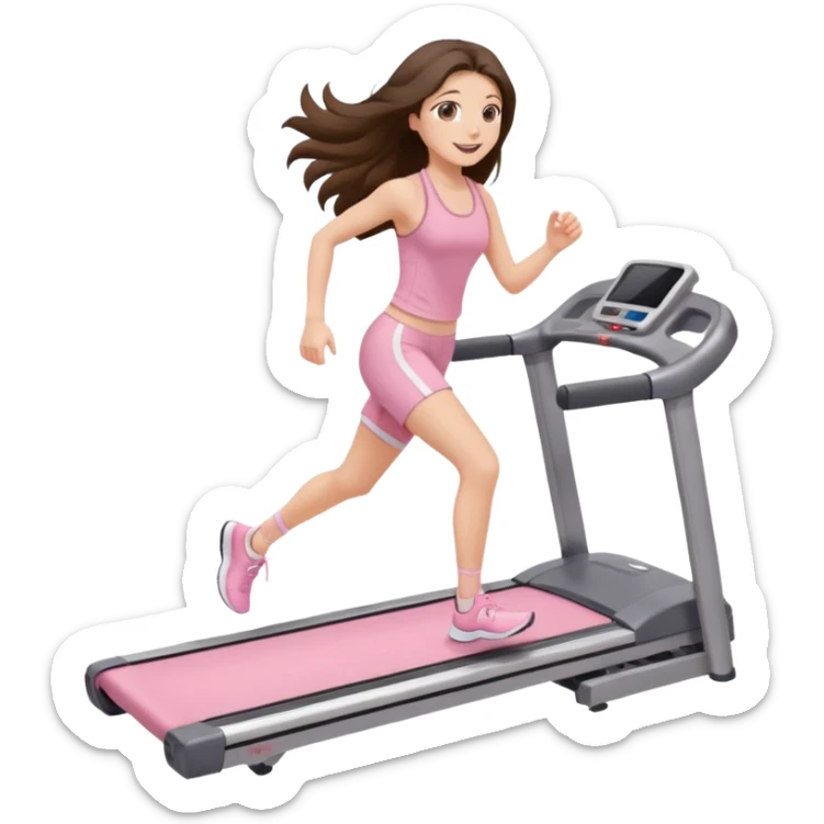 happy long haired brunette girl hazel eyes in light pink walking on treadmill  sticker