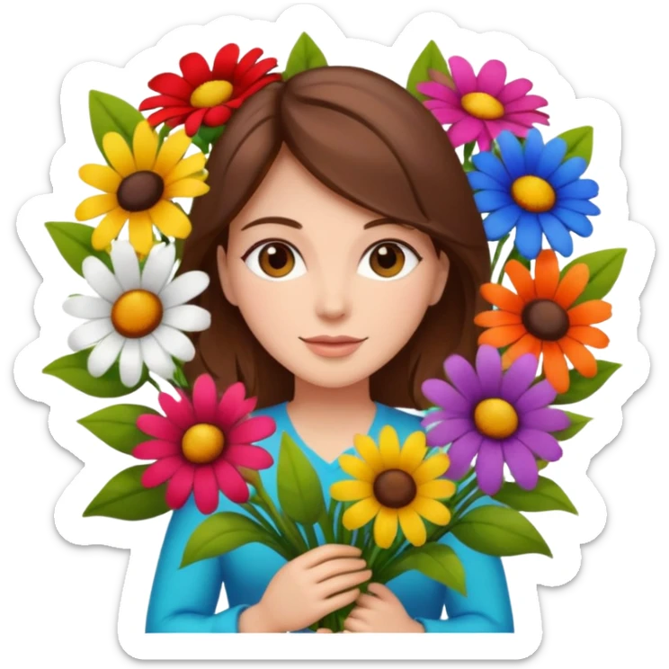 brown hair woman with big bouquet of flowers sticker