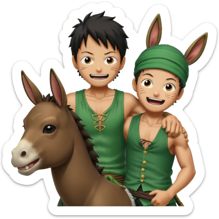 Luffy is riding on Zoro's back, and Zoro looks hilariously like the donkey. Zoro looks angry, and Luffy is laughing. The whole scene is very funny. sticker