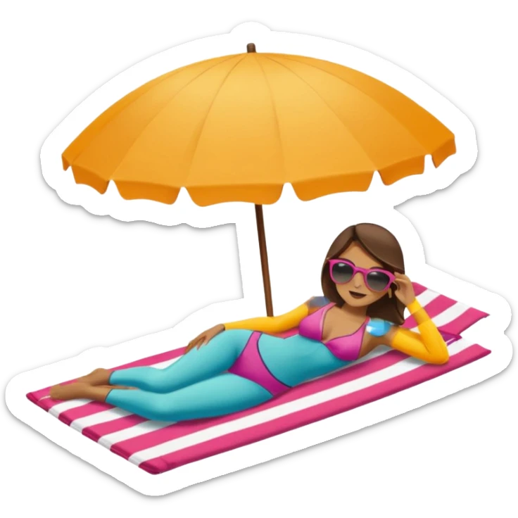Chica tomando el sol en una playa acostada en una toalla con una sombrilla sticker