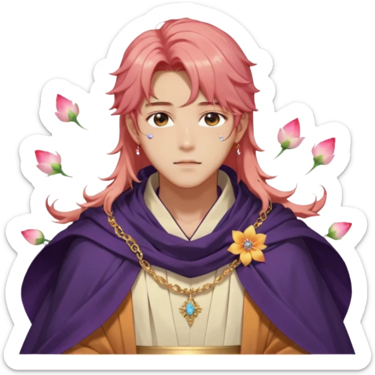 Beautiful gorgeous blushing Korean-BTS-anime guy with beautiful fiery-special-medium-long-hair, fashion aesthetic, ethereal, fairycore, pastelcore, flower petals, crystals, layered robes, toga, cloak scarf, accessories, jewelries, gold, colorful, shiny, trending style, outside sticker