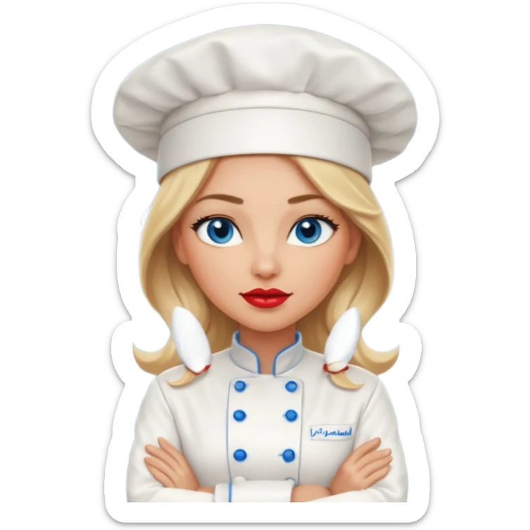 Beautiful, sexy,  long blonde hair, blue eyed, full red lips female chef arms folded  sticker