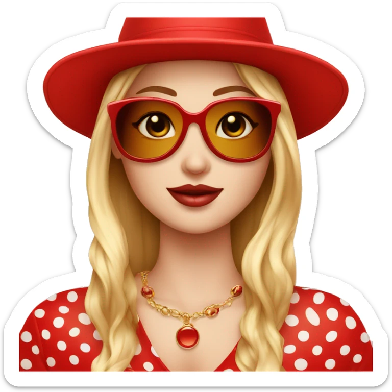 White girl with red polka dotted top and matching hat red sunglasses and gold jewellery  sticker