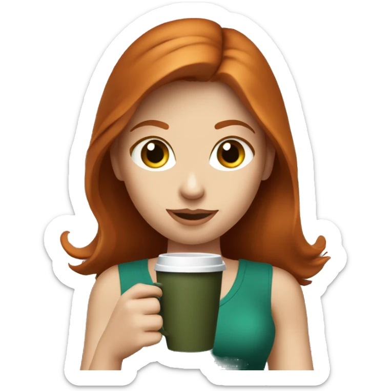 Redhead fitness girl with blue eyes in dark green top with coffee sticker