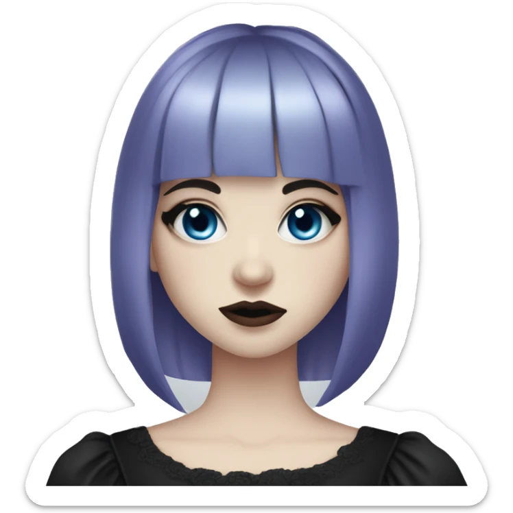 gothic girl, pale skin, blue eyes, long hair, deep purple hair, bangs, black clothes, eyeliner, upper lip beauty mark sticker
