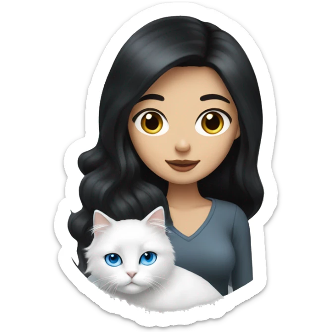 woman with black hair and holding a all white Siberian cat with blue eyes sticker
