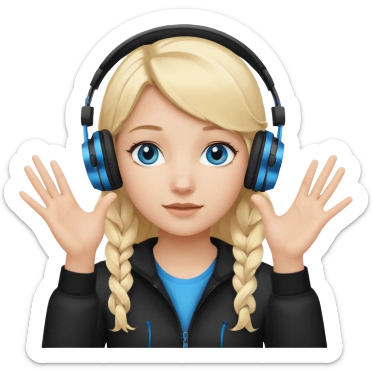 girl with blonde hair and blue eys with heands telling what, having heaphones on head sticker