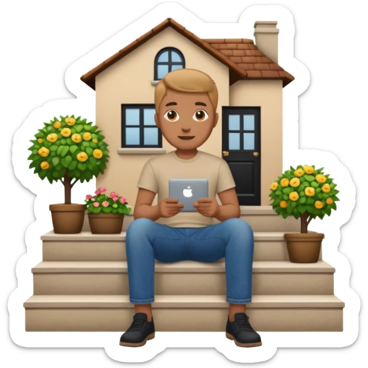 a home which has garden like and the home has slack emoji, where on the house steps, a blob chratcter holding black mac should sit and should look like wiork sticker