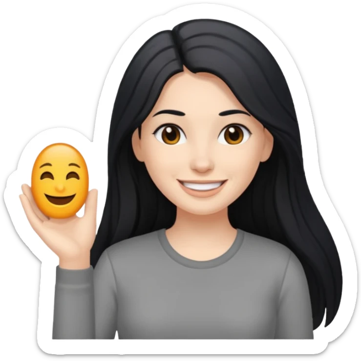 white woman with long black hair, smiling with cheese gray shirt sticker