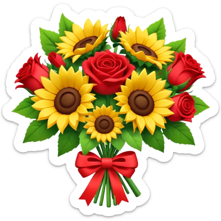 sunflowers and red roses bouquet tied with a bow, soft 3d claymation style, pretty sticker