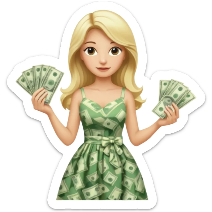 rich long hair blonde australian millionare woman holding a lot of money wearing cute summer dress sticker
