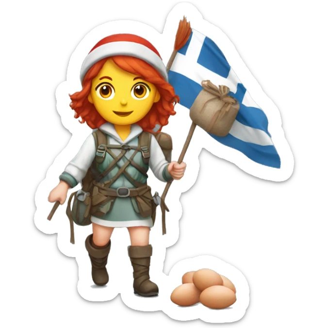 red hair female winter mountaineer offering red Easter eggs and Greek flag sticker