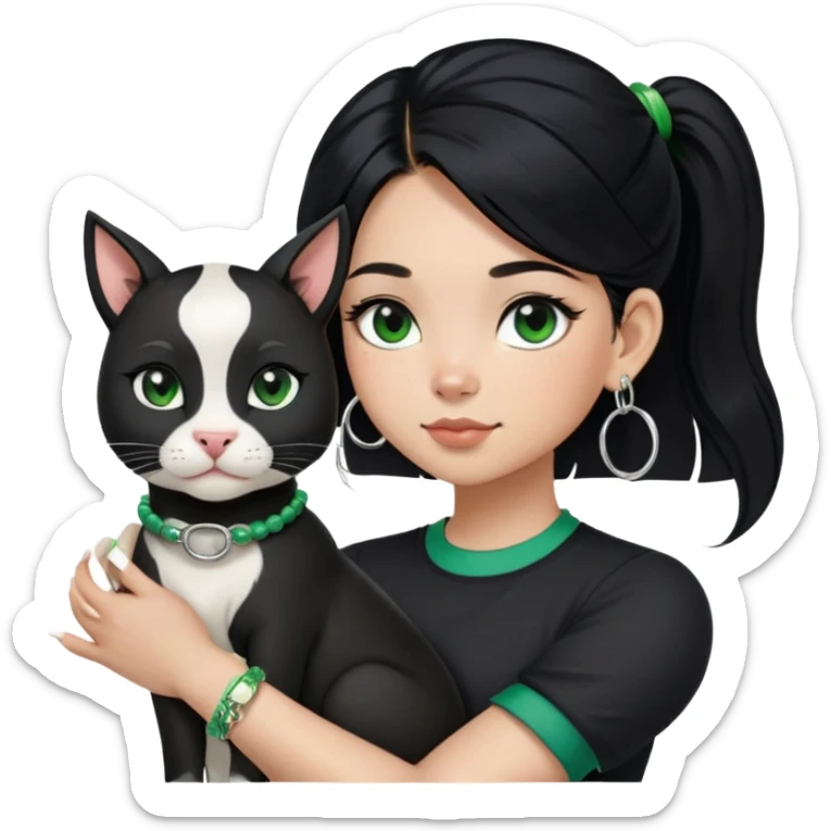 A girl with long straight black hair has upward-slanting eyeliner. She is wearing large silver hoop earrings, a black short-sleeved shirt, and a green bracelet on her left hand. She is holding a cow cat with a black face and white "gloves". sticker