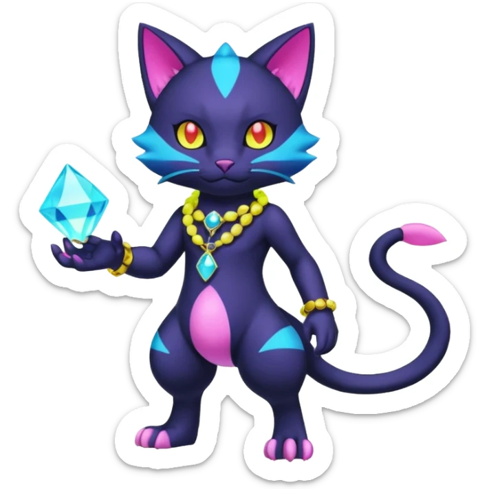 Colorful neon glowing abyssal gatomon-purloin-feline-Fakemon-Digimon-creature wearing a cool casual fashionable aesthetic clothes and accessories and jewelries and apparels fursona (full body)  sticker