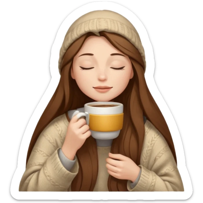 long brown hair woman closed eyes with beige blanket on her head, holding cup of coffee, autumn mood sticker