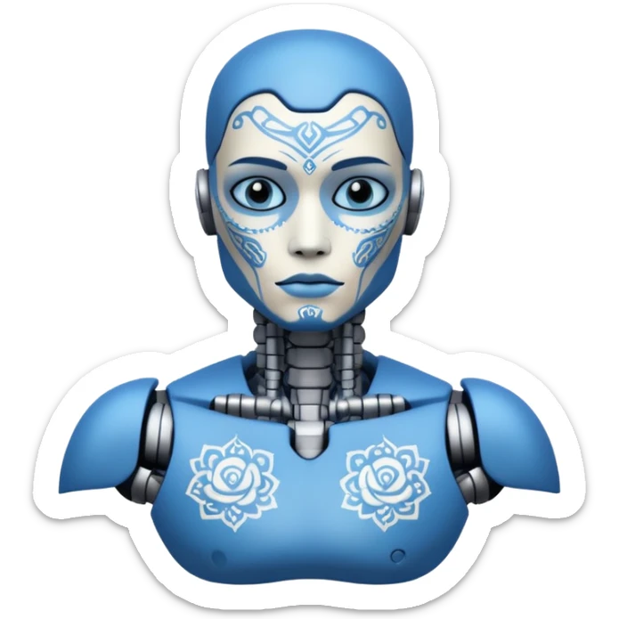 blue Tatooed robot, big many tatooes on chest, neck and face, white tatoo on face sticker