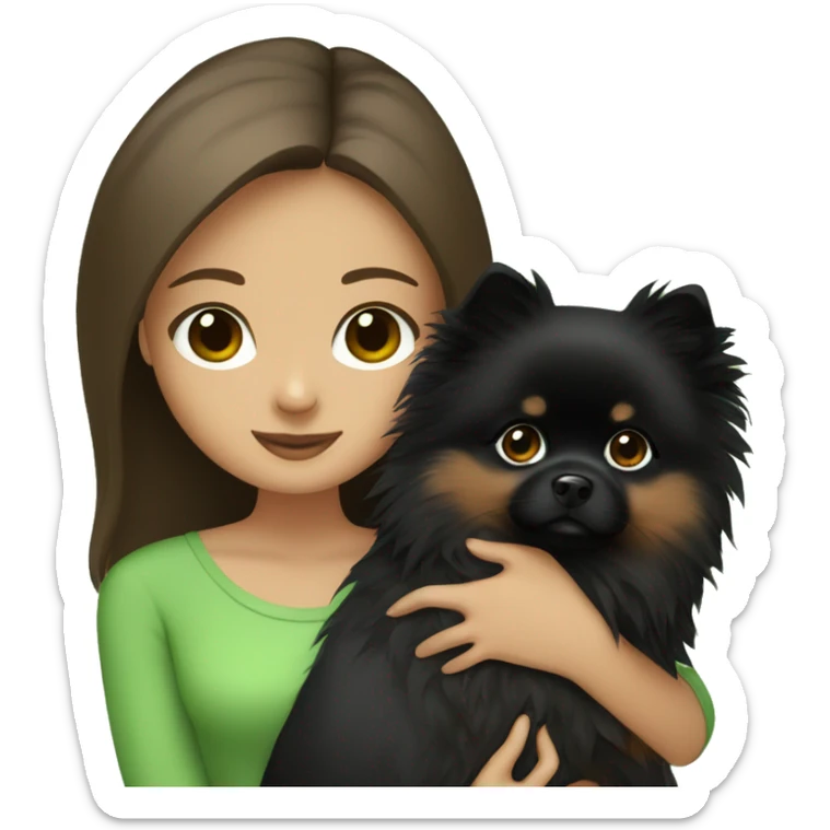 girl with brown hair green eyes holding a black Pomeranian spitz dog sticker