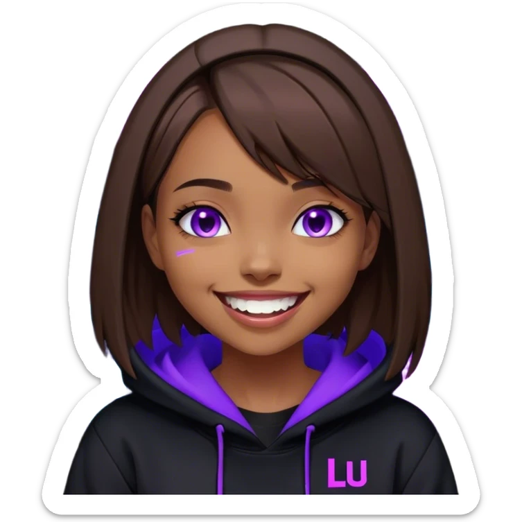 brown haired girl with a bob and blue eyes wearing black hoody with violet letters "Lu", laughs. Cyberpunk style. Violet neon. sticker