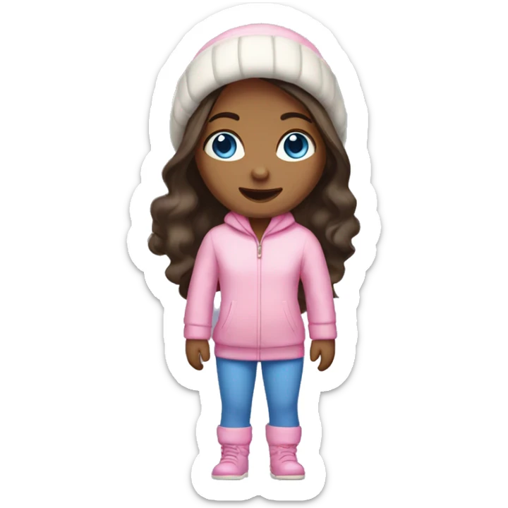 A dark-haired girl with long hair with fair skin and blue eyes in a winter pink jumpsuit sticker