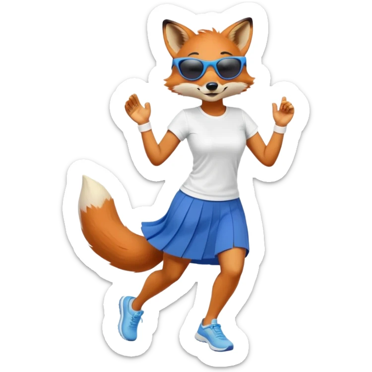 friendly anthropomorphised female fox in skirt and t-shirt, wearing dark sunglasses, jogging upright in relaxed pose sticker