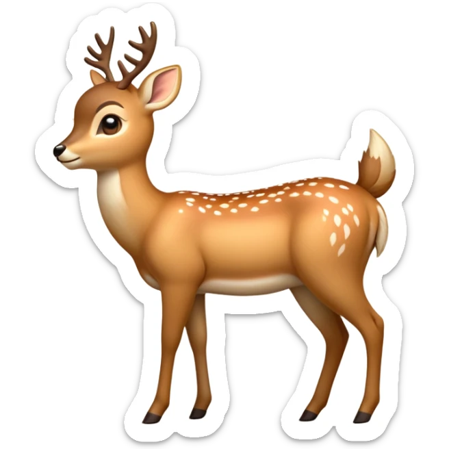 cinematic-[deer]-realistic-full-body-standing on all fours-emoji,-tail-tucked-close,-head-tilted-dramatically,-sleek-[fawn]-fur,-simplified-yet-realistic-focused-features,-highly-detailed,-glowing-with-an-almost-sarcastic-glow sticker