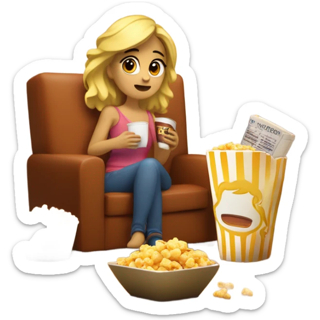 chica rubia viendo peliculas con palomitas y con su gato negro en el sofa de su casa sticker