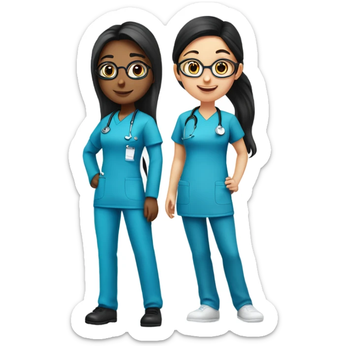 Two Best friend nurses in blue scrubs. one girl has glasses with black hair in a pony tail. The other girl has long hair but no glasses sticker