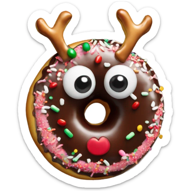 Holiday donut with a reindeer face decoration, chocolate glaze, and candy eyes sticker