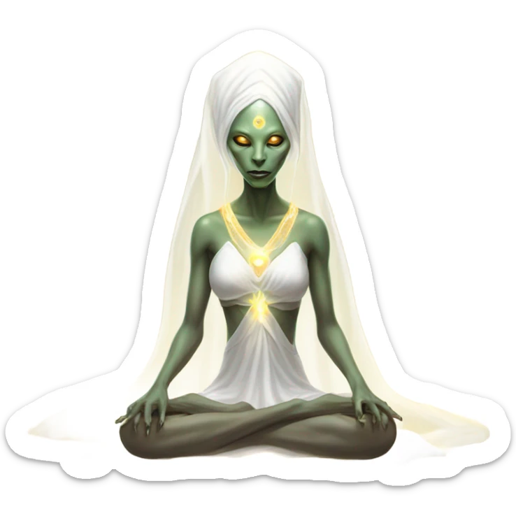 a Reptilian alien woman, white dress like a priestess, in meditation show aura sticker