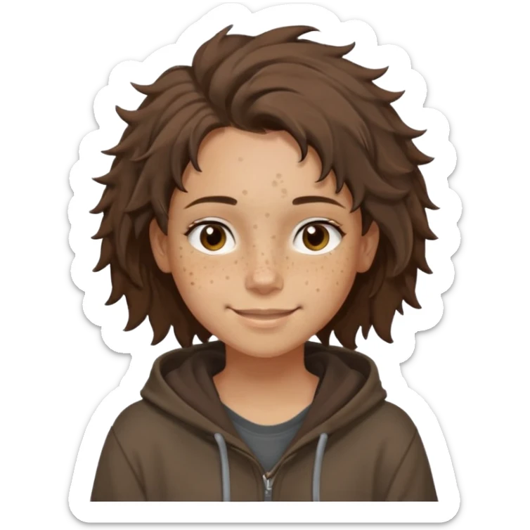 Hobo tomboy with light skin, freckles, dark brown shoulder-length hair in a messy style. Brown eyes, dark brown hoodie, brown shirt. sticker