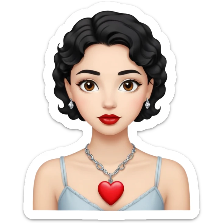 Young woman with light skin, wavy black hair, oval face, black almond eyes, defined brows, soft red lips, wearing a silver heart necklace. Delicate, charming and friendly look. sticker