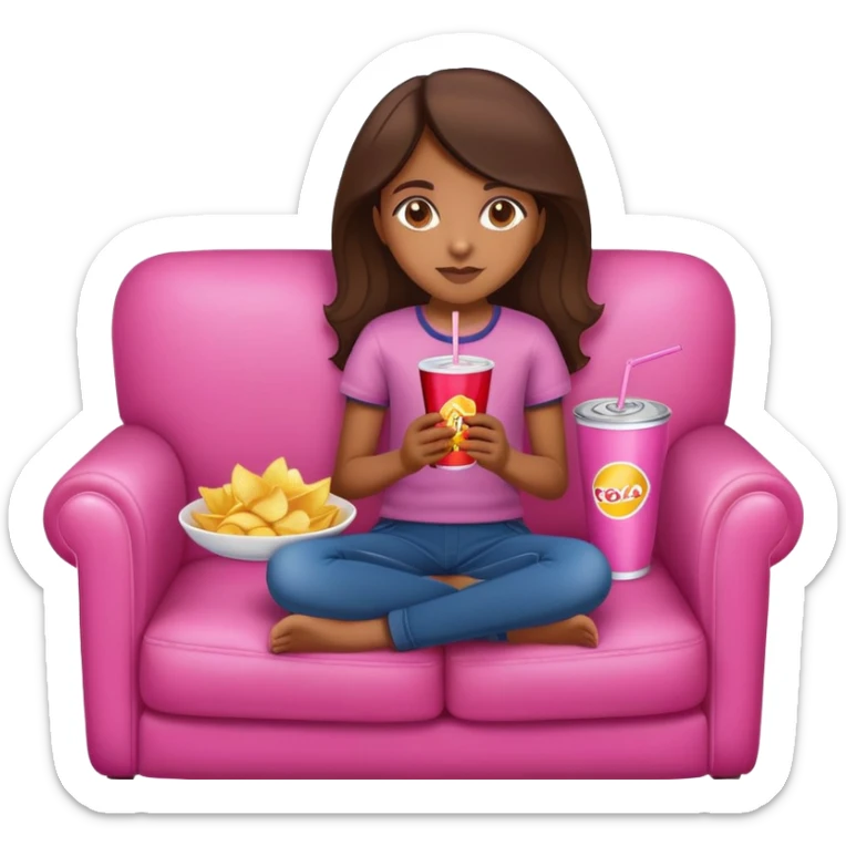 home brown girl with plate of chips and soda drink, sitting at the pink sofa sticker