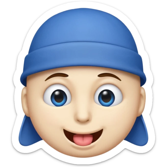 An emoji with a blue hat on its head and 1 blink and tongue sticking out sticker