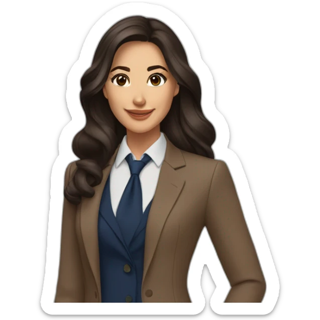 Beautiful woman with long dark brown hair, big almond shape brown eyes wirh long eyelashes, pretty smile with medium full lips, defined jawline, medium size nose, wearing a navy power suit  sticker