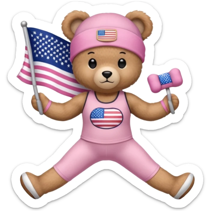 osito de peluche cafe claro con ropita rosa claro y estapado de la bandera de usa y otro con una liga de pilates en la cabeza y con ropa deportiva sticker