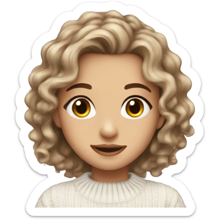 Beautiful girl, long brown hair, light curls, long eyelashes and brown eyes wearing a white sweater sticker