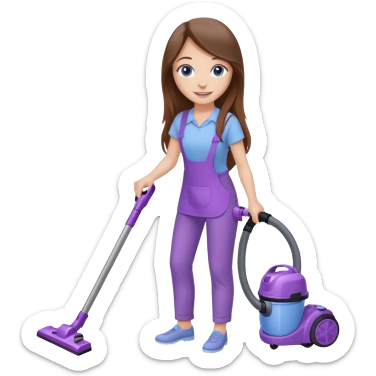 beautiful girl with long brown hair, blue eyes and wearing light purple clothes, cleaning and vacuuming sticker