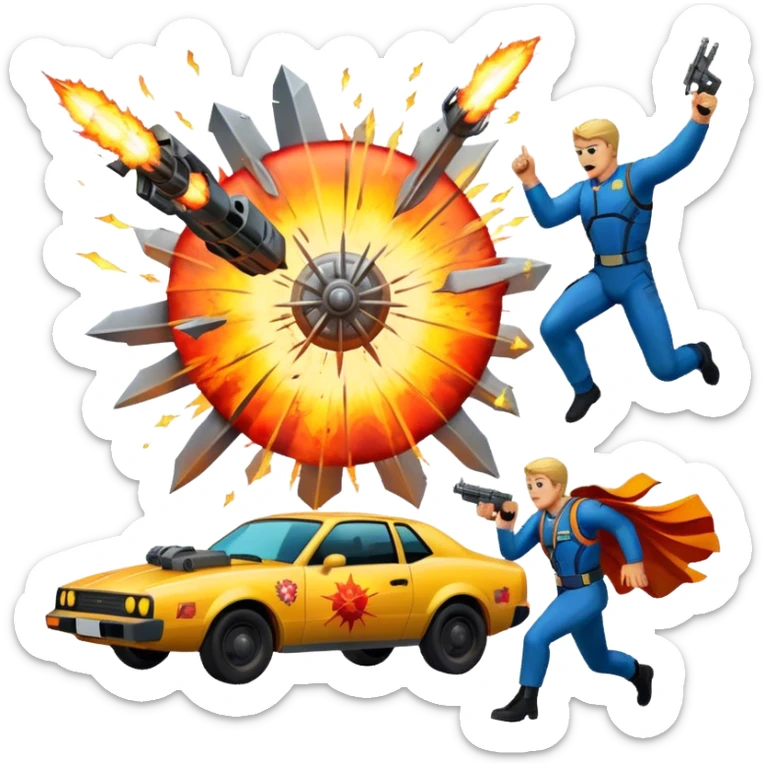 Icon for Action Movies Collage: Collage of iconic action movie elements, including explosions, a hero with weapons, a high-speed chase, and dramatic fight scenes. The design should be dynamic, colorful, and full of energy, capturing the essence of action films. Transparent background. sticker
