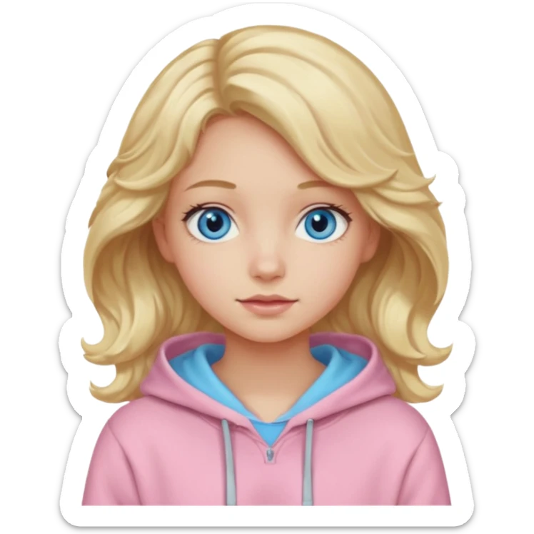 Generate a blonde girl with blue eyes with wavy hair in a pastel pink hoodie  sticker