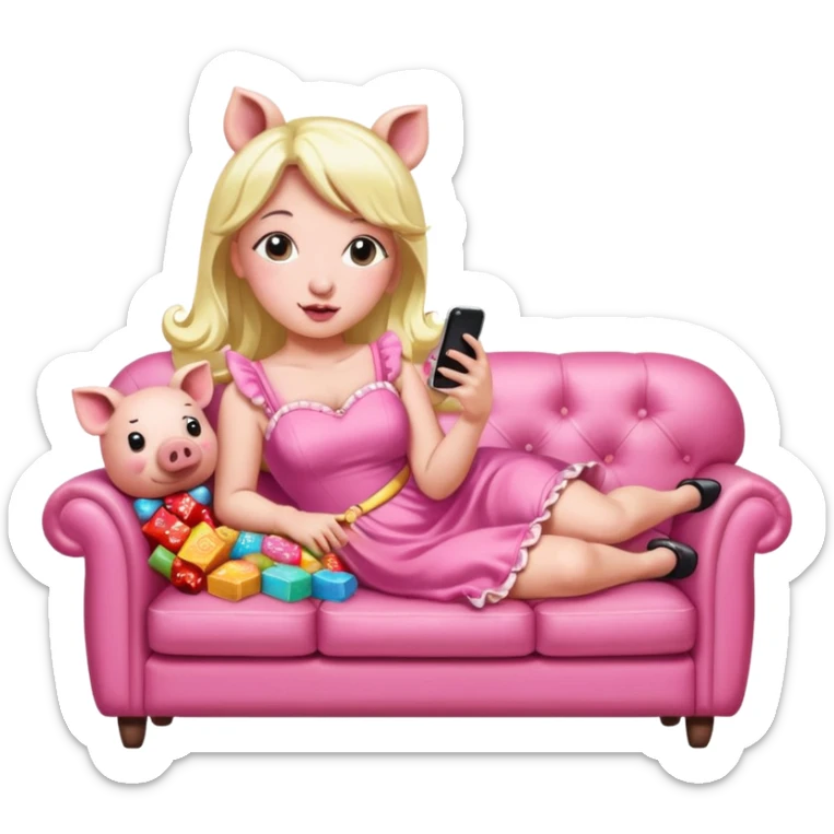 lady pig wearing pink kawaii dress reclining on couch scrolling on an iphone and eating candy pop art portrait sticker