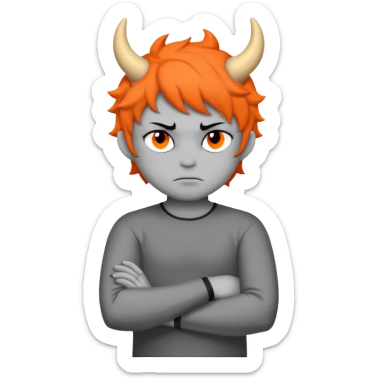 Karkat from Homestuck, frowning, arms crossed, gray skin, small orange horns sticker