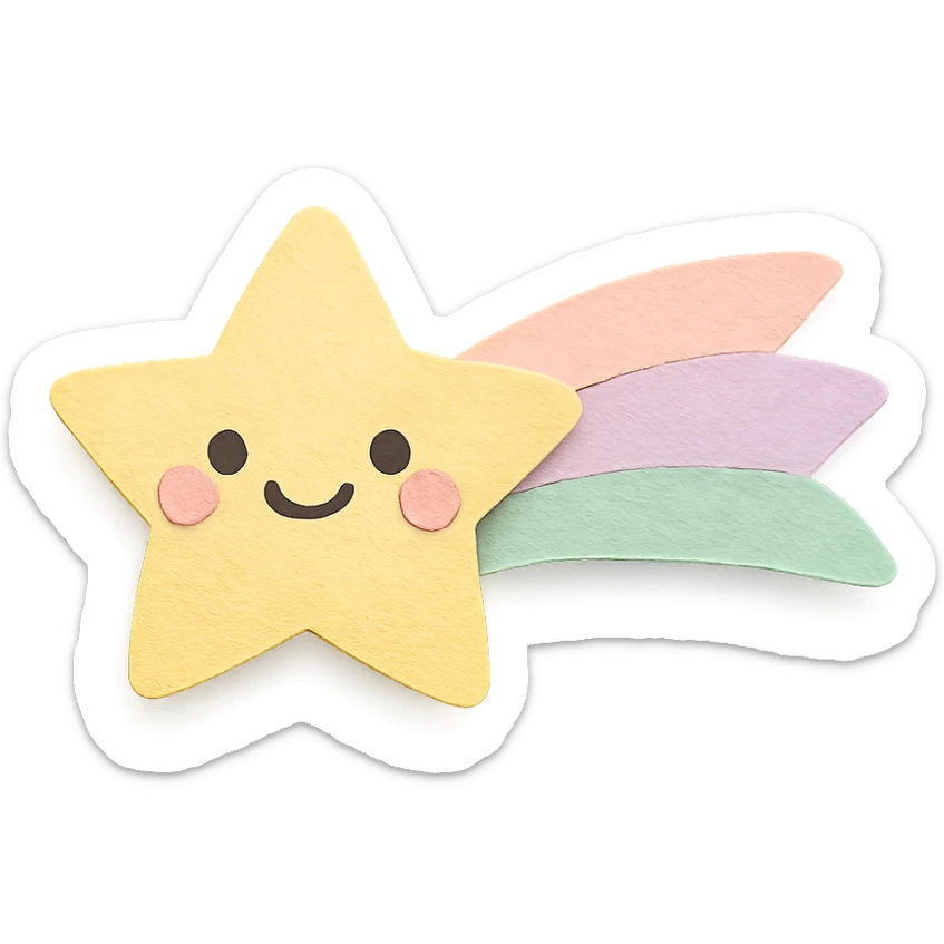 kawaii soft yellow shooting star with smiling face and pastel trail, no arms, no legs, full body, soft pastel kawaii paper craft style sticker